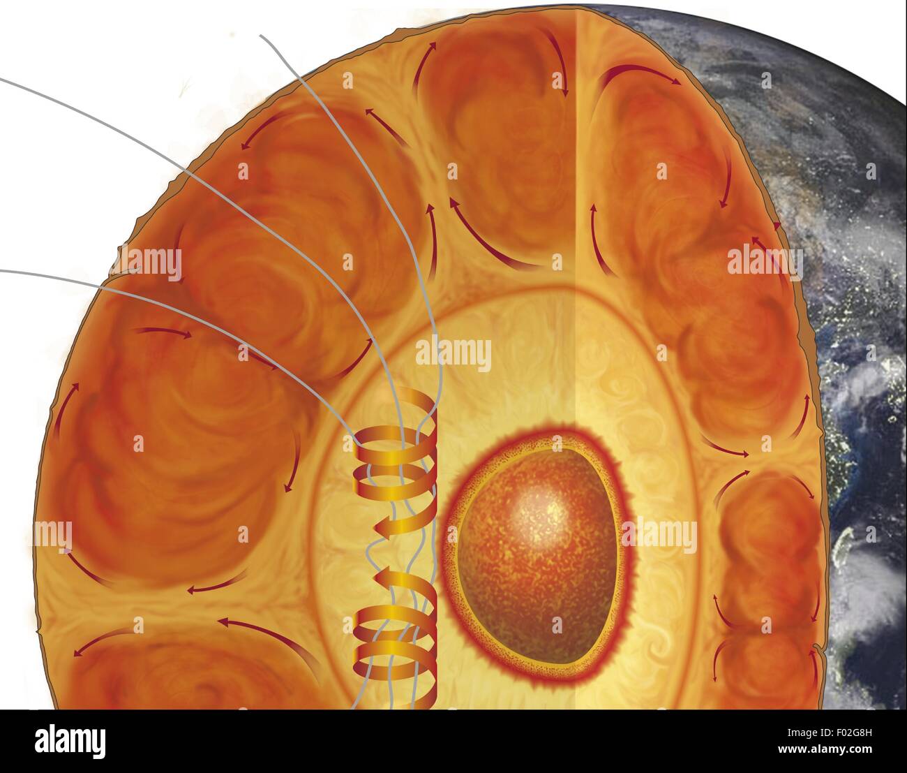 Geology. Earth interior structure. Inner core, outer core (where convective motion occurs), mantle and crust. Stock Photo