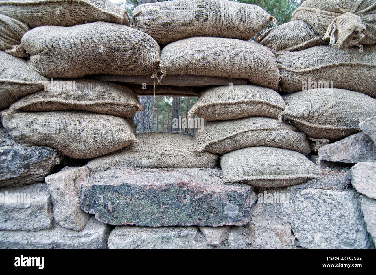 Trenches with stacked sandbags used as defence in the Spanish civil war at Valsain. Spain Stock