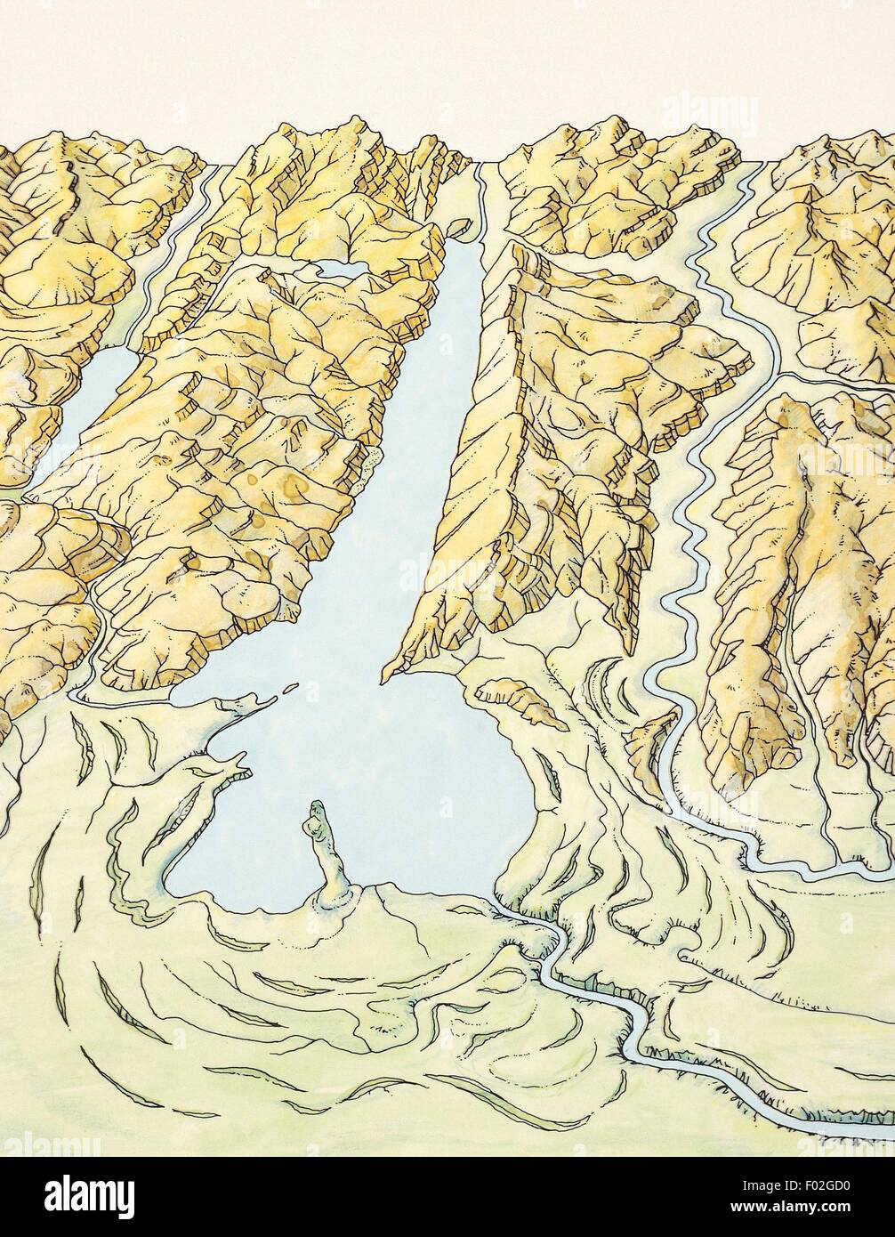 Structure, geomorphology and origin of Lake Garda. Drawing. Stock Photo