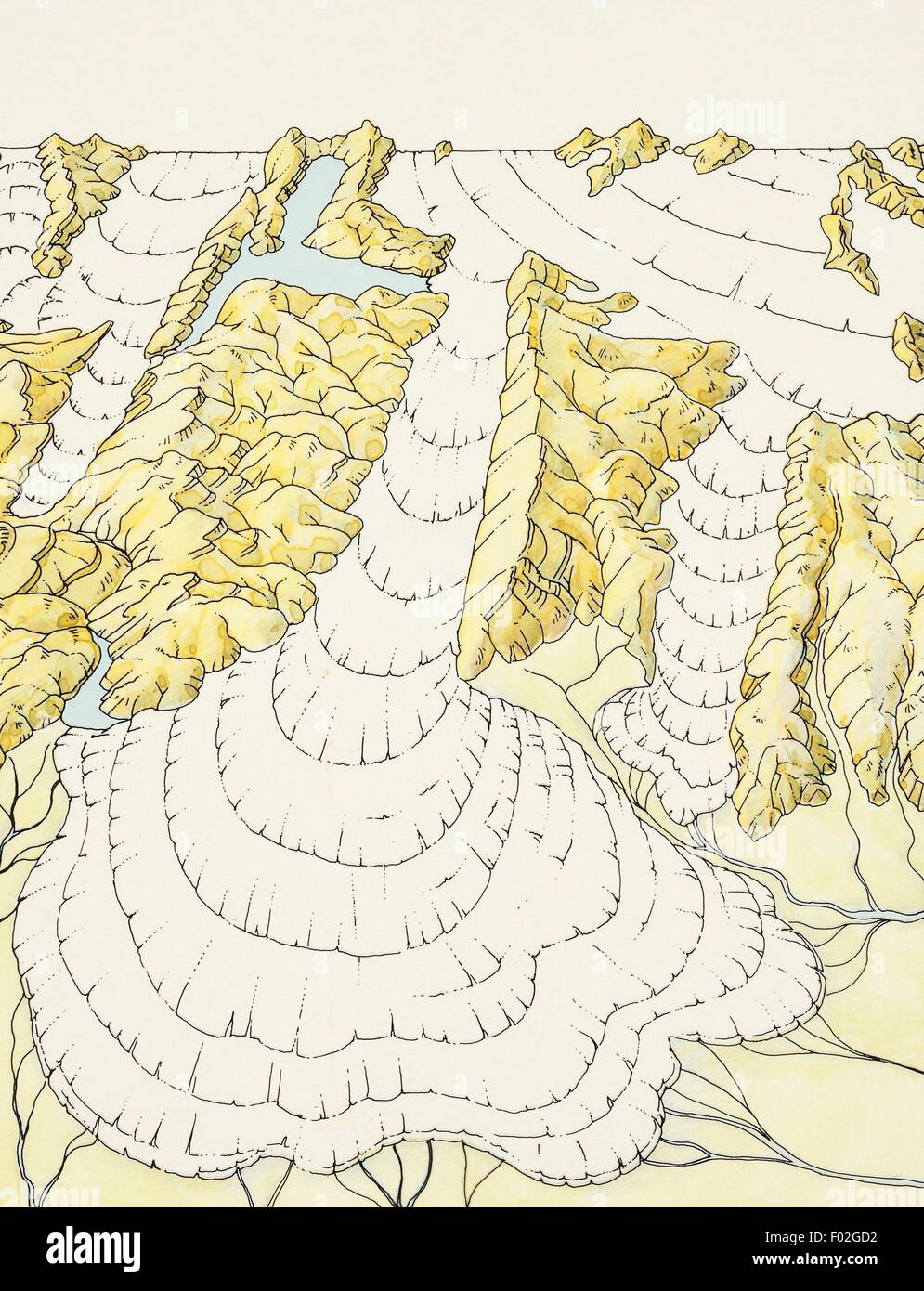 Structure, geomorphology and origin of Lake Garda, a stage in the formation of a glacier. Drawing. Stock Photo