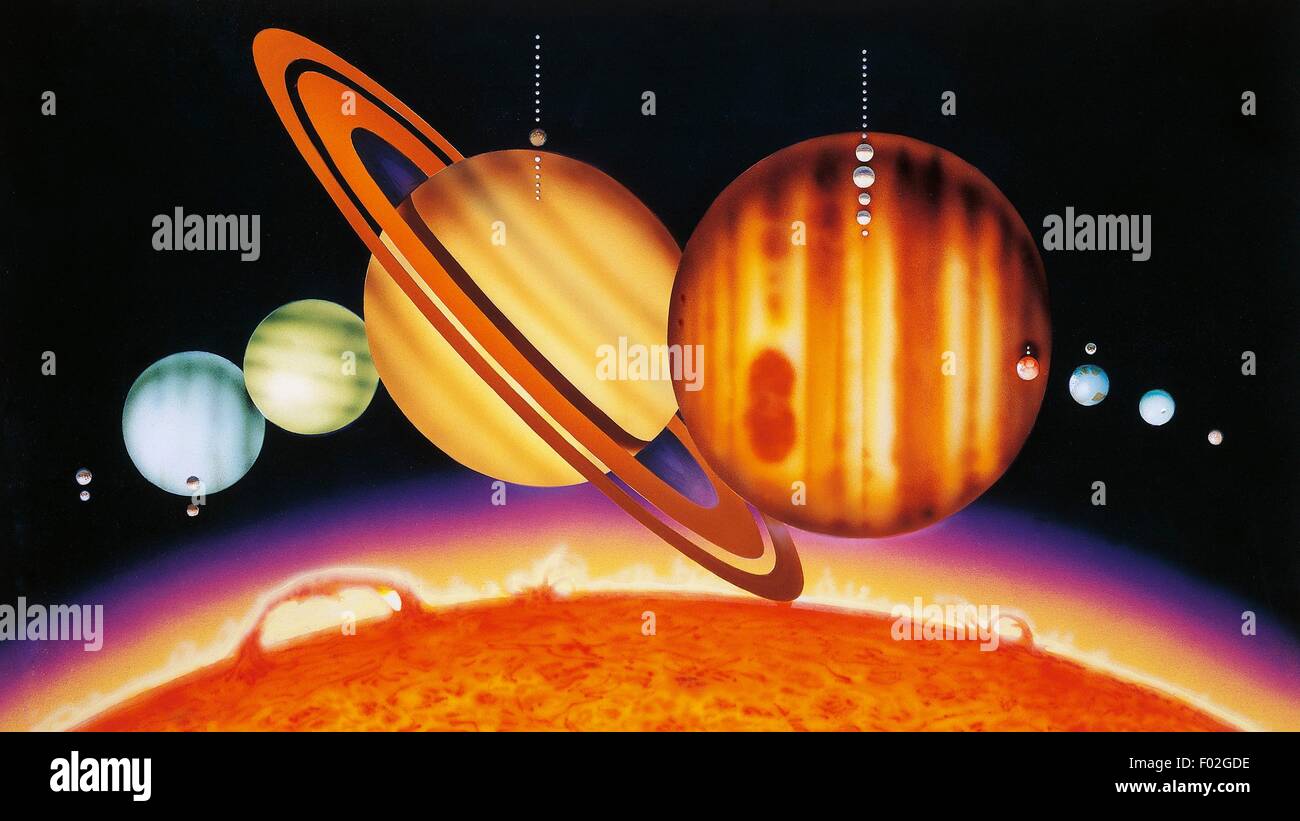 Proportions of planets and satellites of the solar system compared to the sun. Drawing. Stock Photo