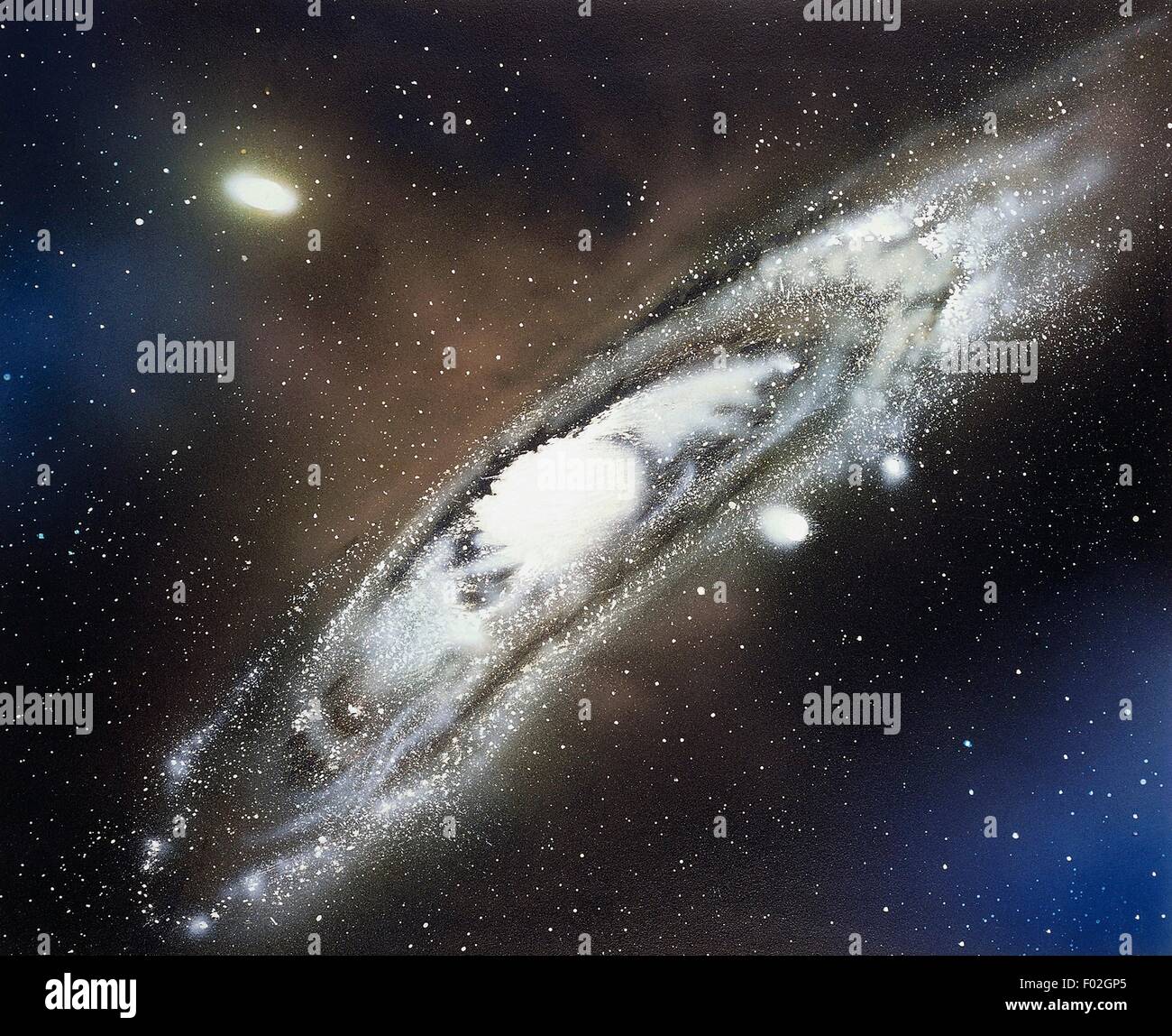 Andromeda Galaxy (M 31), a spiral galaxy with two small satellite galaxies. Drawing. Stock Photo