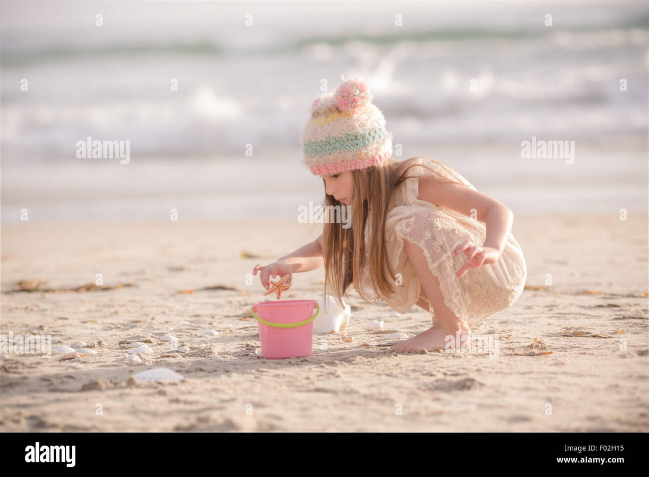 Girl collecting seashells on the beach, California, USA Stock Photo Alamy