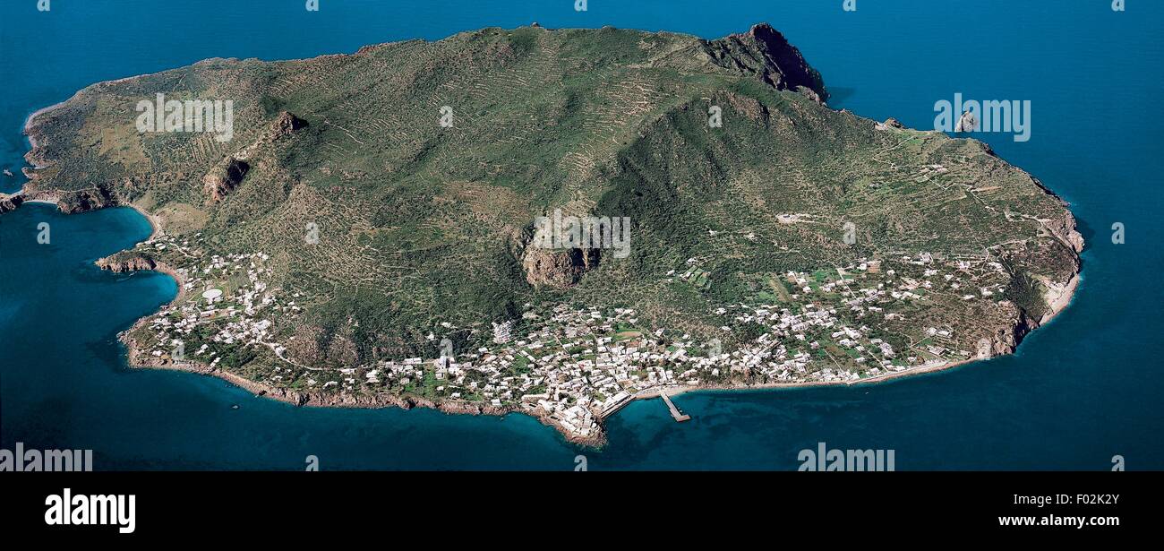 Aerial view of Panarea Island and San Pietro in the Aeolian or Lipari Islands (UNESCO World Heritage List, 2000) - Sicily Region, Italy. Stock Photo
