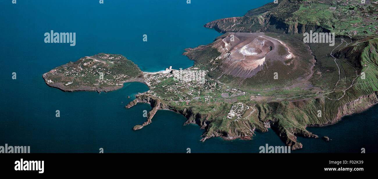 Aerial view of Vulcano Island, Vulcanello, Porto and Gran Cratere in the Aeolian or Lipari Islands (UNESCO World Heritage List, 2000) - Sicily Region, Italy Stock Photo