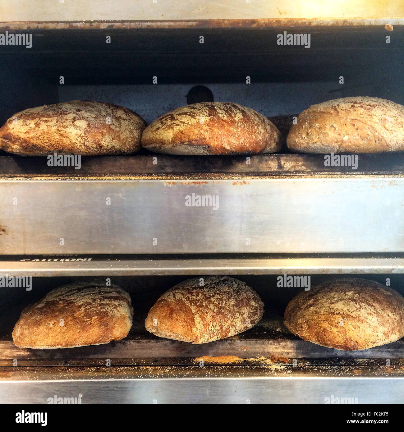 Loaves of bread baking in an oven Stock Photo