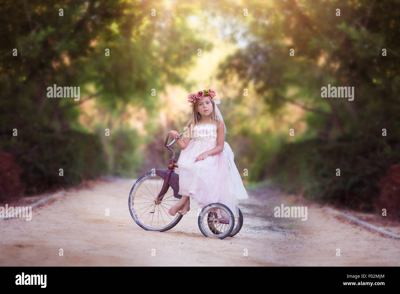 Girl sitting on a vintage bike on a country road, California, USA Stock Photo