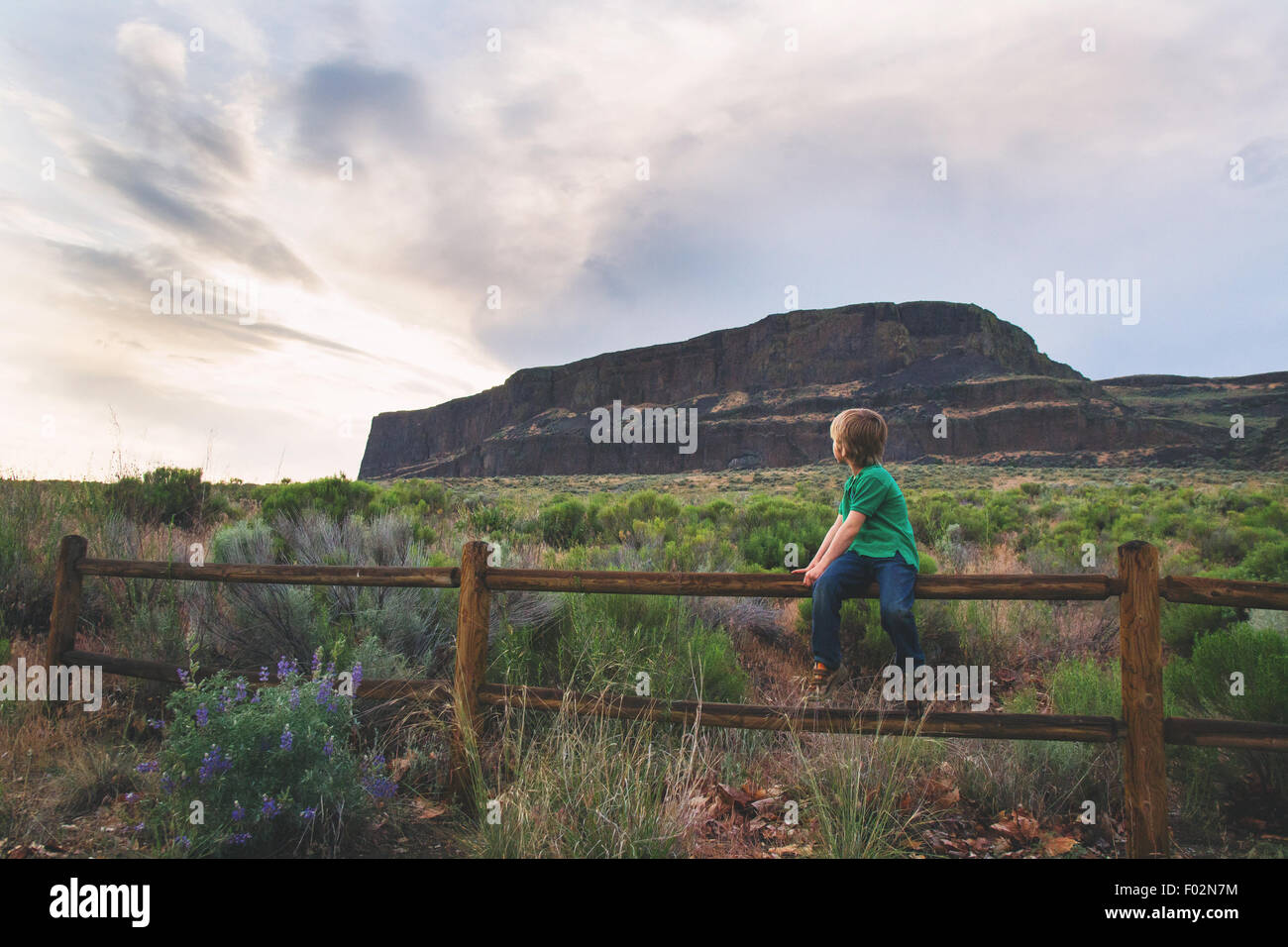 Boy sitting on wooden fence looking over his shoulder Stock Photo