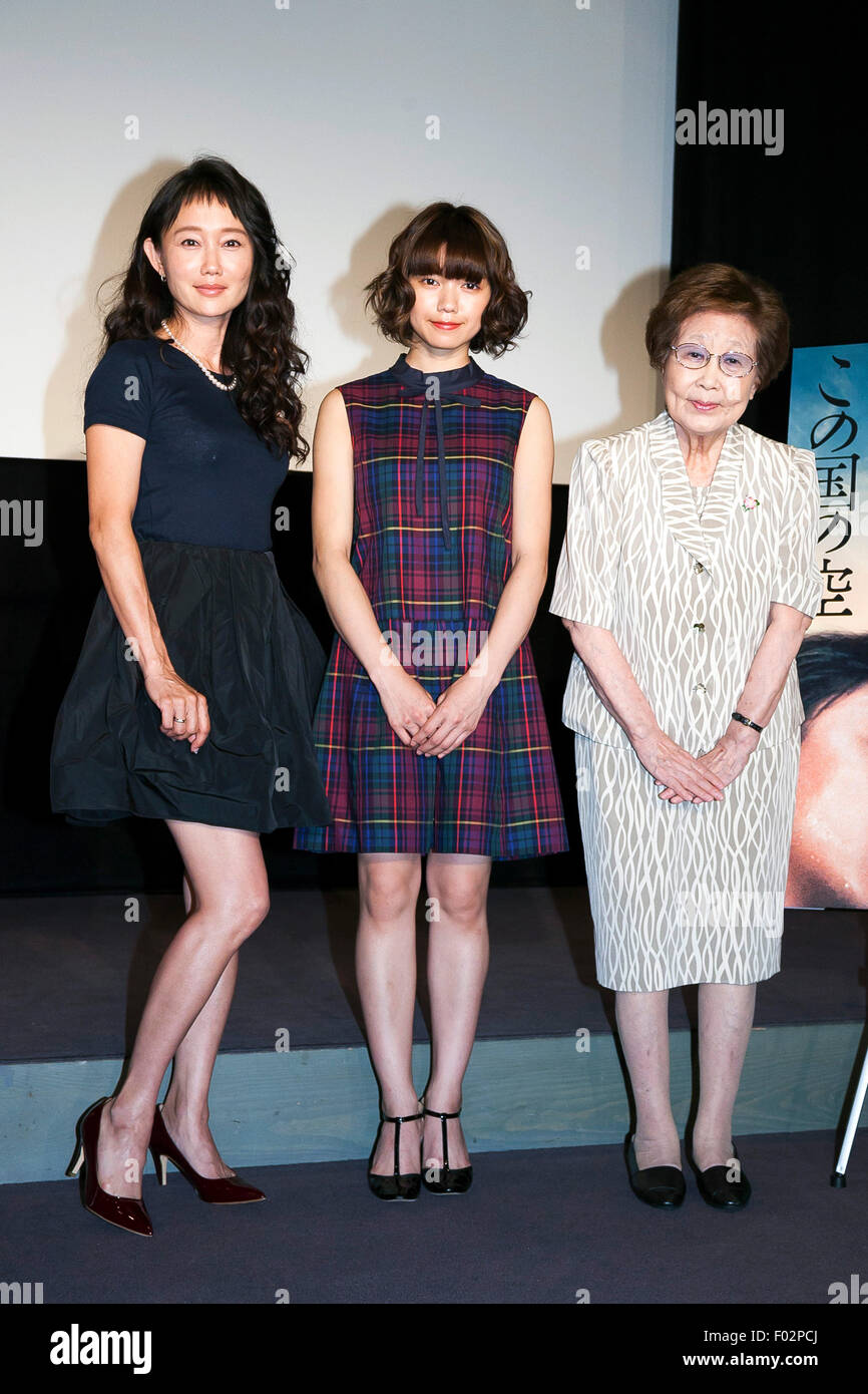 (L to R) Actresses Youki Kudoh, Fumi Nikaido and essayist Kayoko Ebina pose for the cameras during a talk event for the movie This Country's Sky (Kono Kuni No Sora) on August 6, 2015, Tokyo, Japan. Writer Ebina, who herself lost six members of her family during the Great Tokyo Air Raid (firebombing of Tokyo) on August 6th 1945, called on the audience to reflect about war. The film is based on Tanizaki Prize-winning 1982 novel ''Kono Kuni no Sora'' by Yuichi Takai, and will be released on August 8th. August 6th is the 70 anniversary of the U.S. atomic bombing of Hiroshima city. (Photo by Rodrig Stock Photo