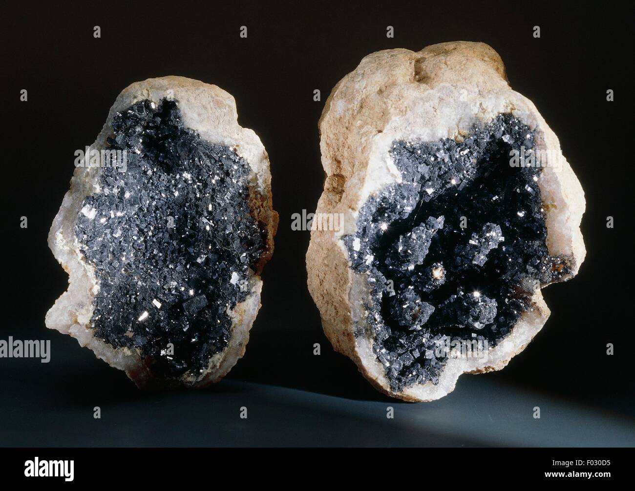 Galena pasted into Quartz geode, fake minerals, from Morocco. Stock Photo