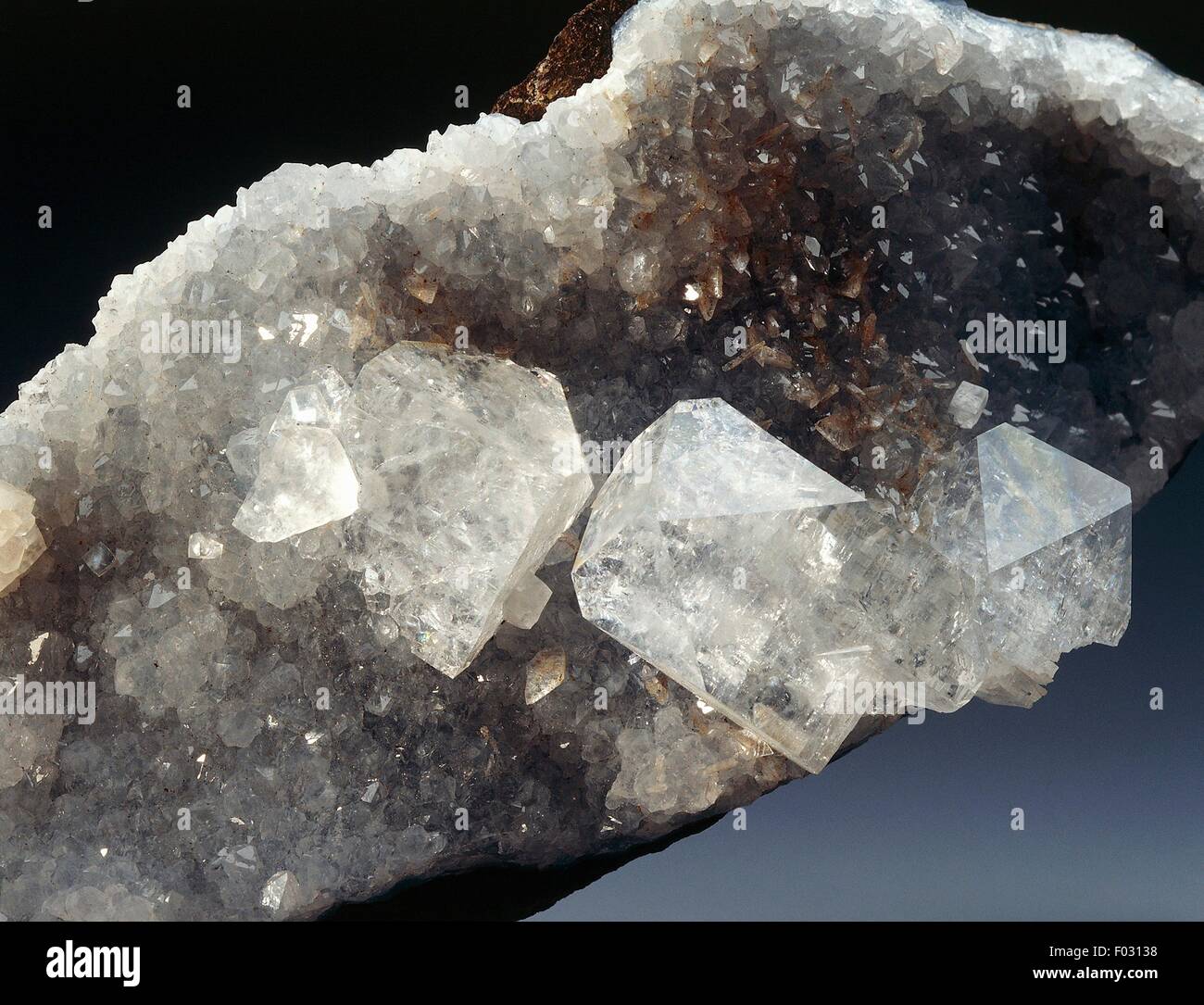 Apophyllite, silicate, on Basalt, extrusive volcanic rock. Stock Photo