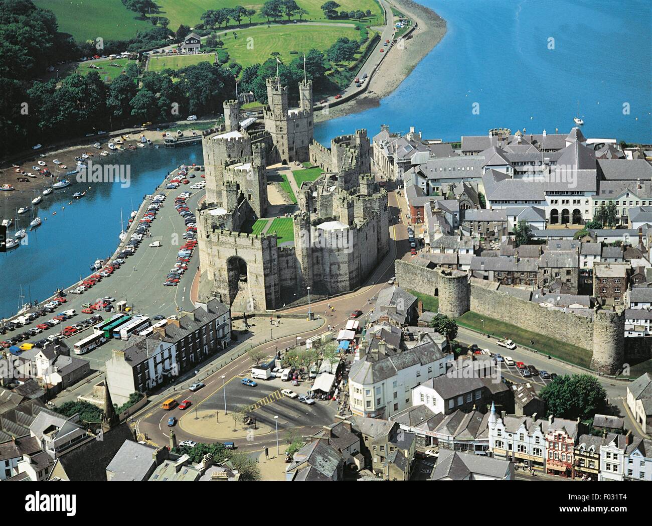 Aerial View Of Caernarfon Castle Wales United Kingdom Stock Photo Aerial View Of Caernarfon Castle Wales United Kingdom Stock Photo