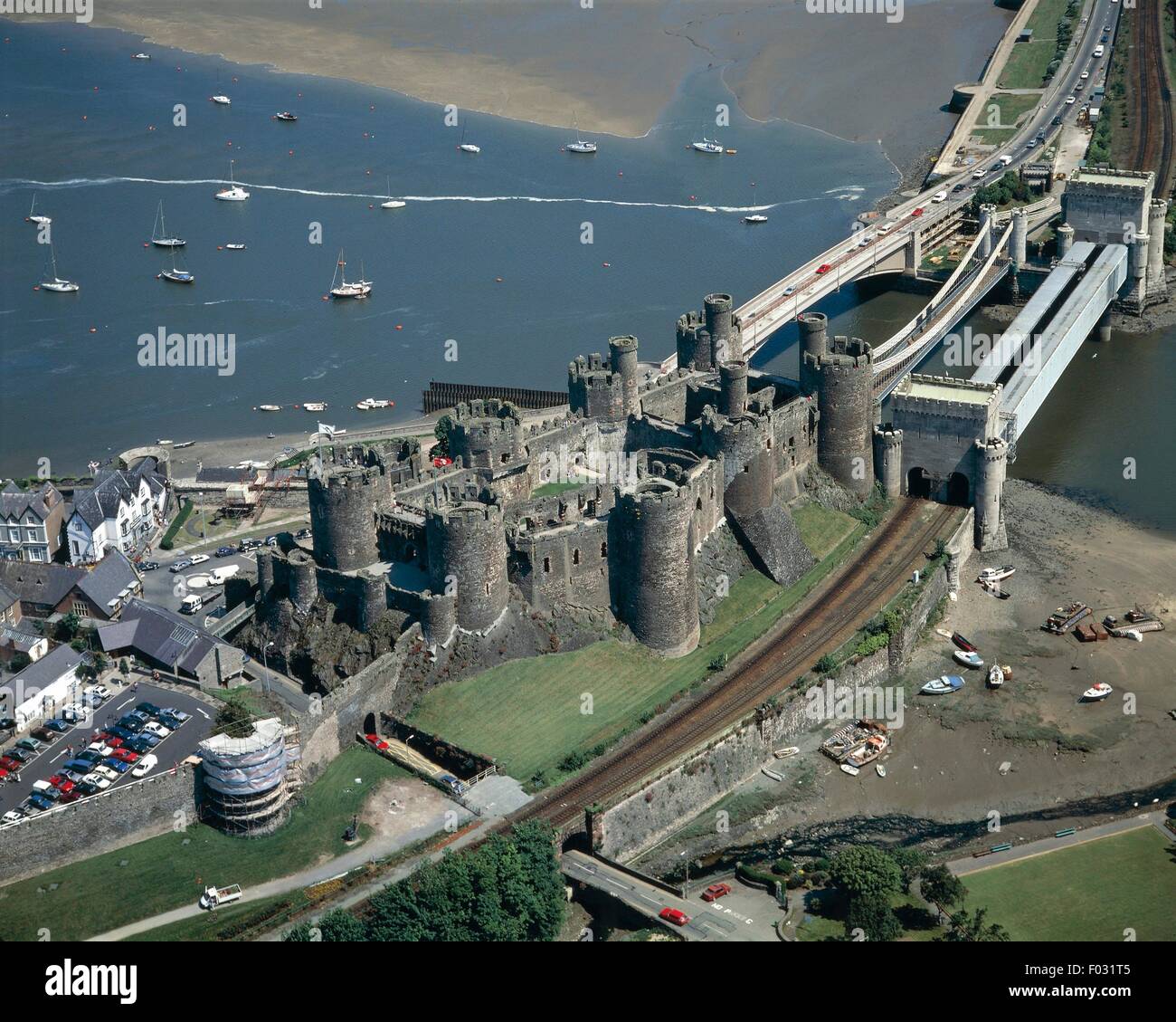 Aerial view of Conwy Castle - Wales, United Kingdom Stock Photo