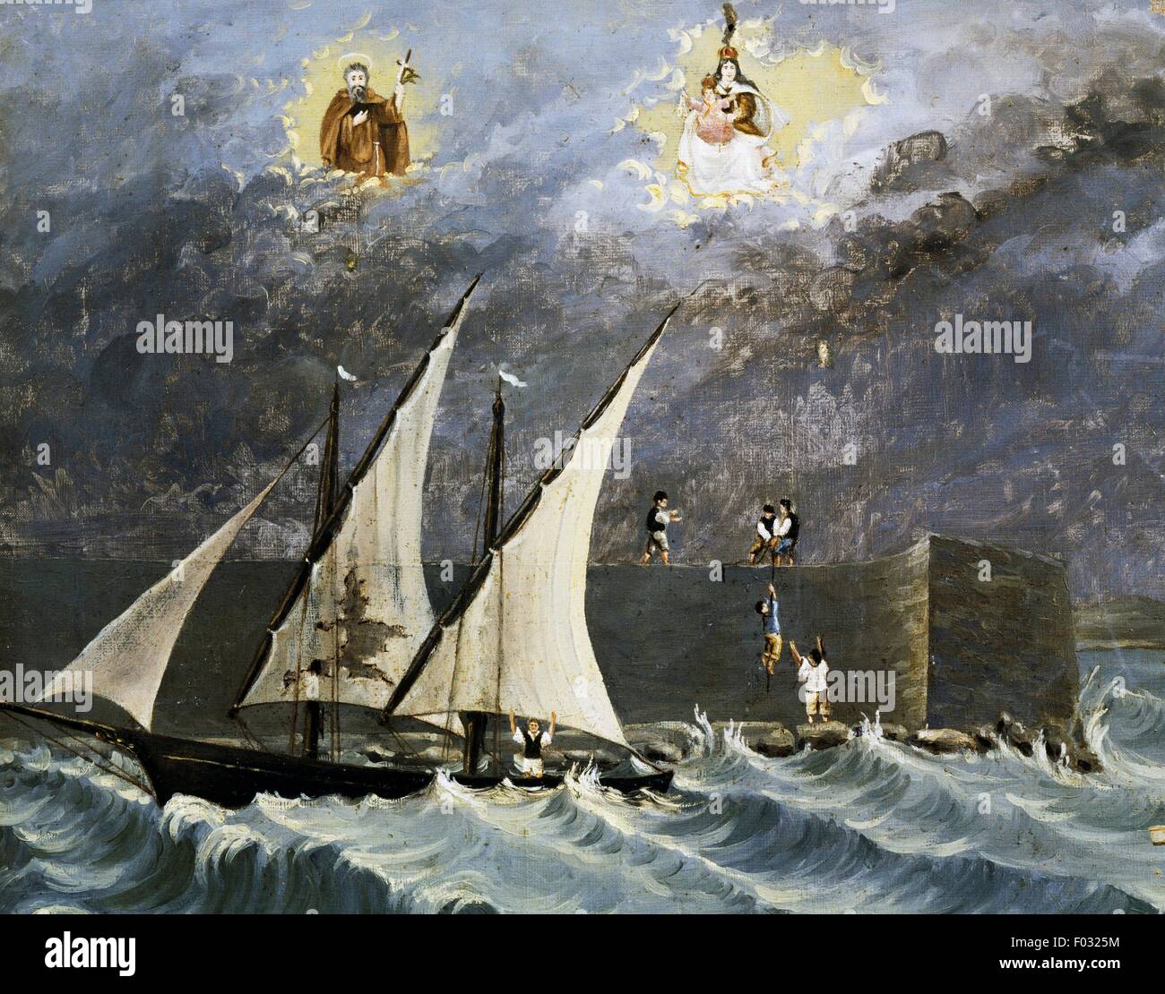 Sailing ship on a stormy sea, ex voto, Italy, Portosalvo church, Torre del Greco, Campania, Italy, 19th century. Stock Photo