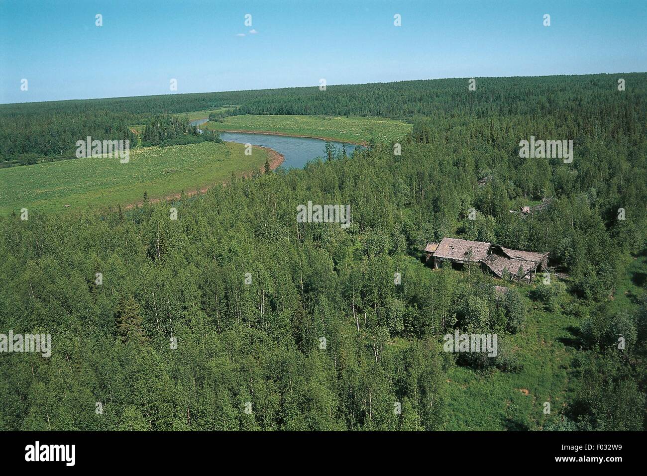 Aerial view of the surroundings of Igarka with the ruins of a gulag ...