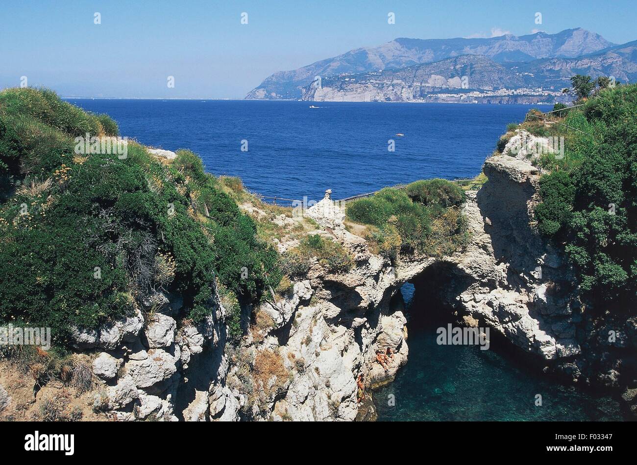 View of the cove with the ruins of Villa Pollione known as the Baths of ...
