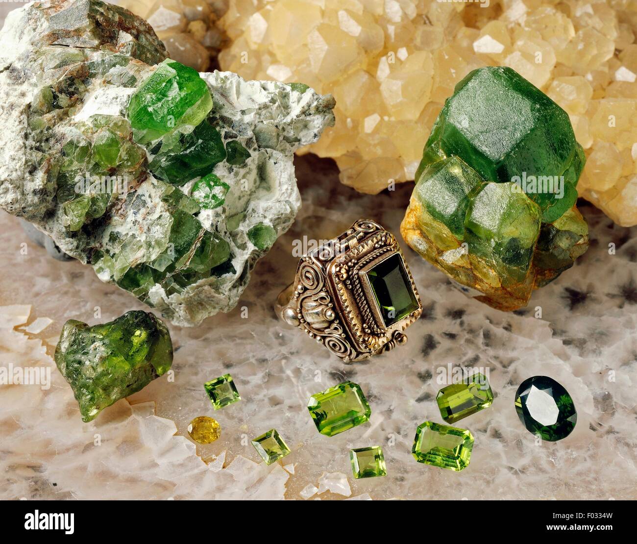 Precious stones and rings in Peridot, gemquality olivine, silicate