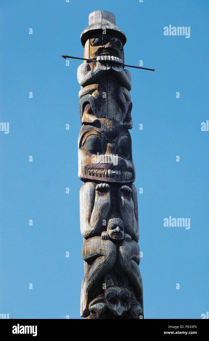 Totem pole of the Gitxsan people, Ksan Historical Village and Museum, British Columbia, Canada. Detail. Stock Photo