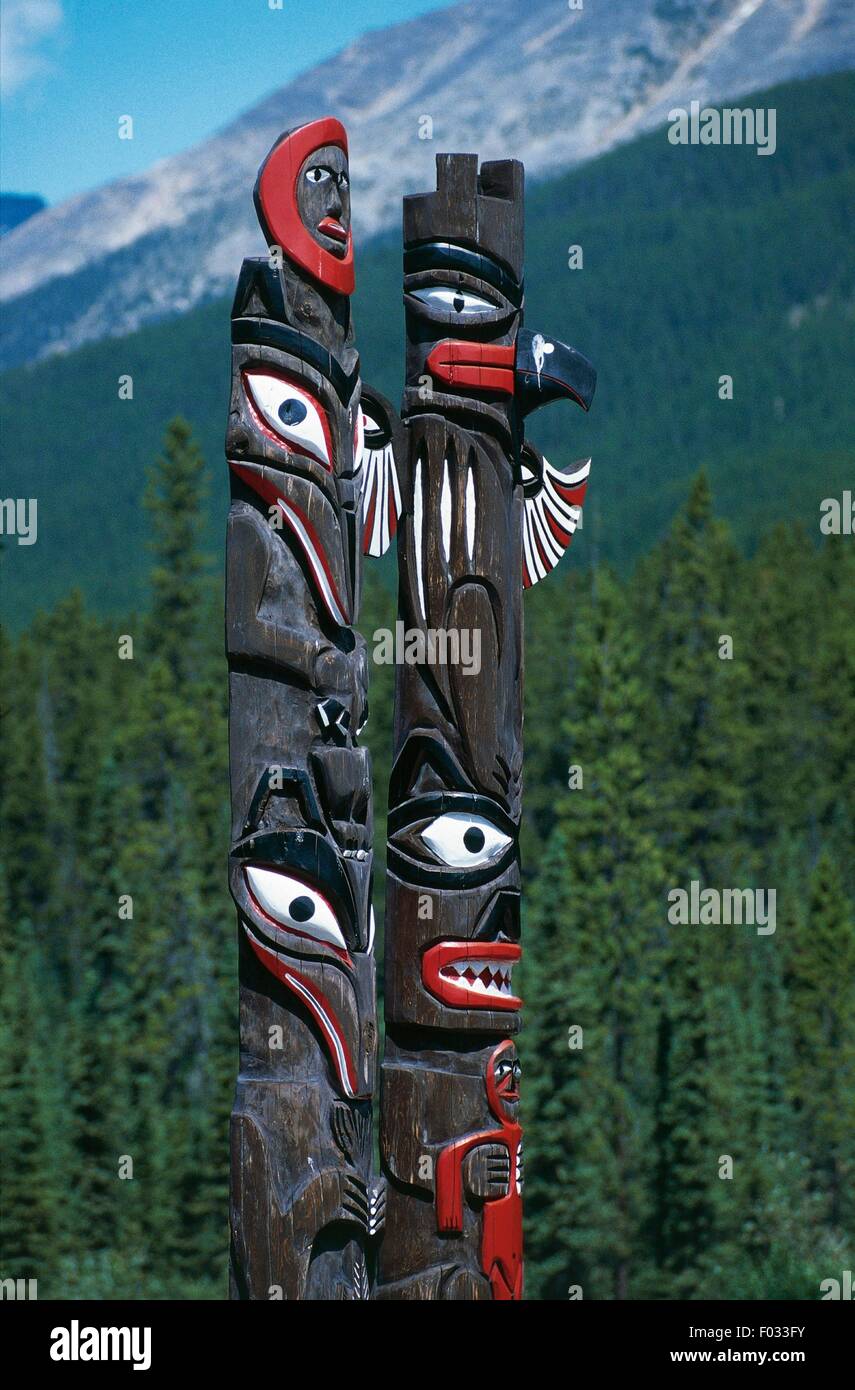 Totem pole of the Gitxsan people, Ksan Historical Village and Museum, British Columbia, Canada. Detail. Stock Photo