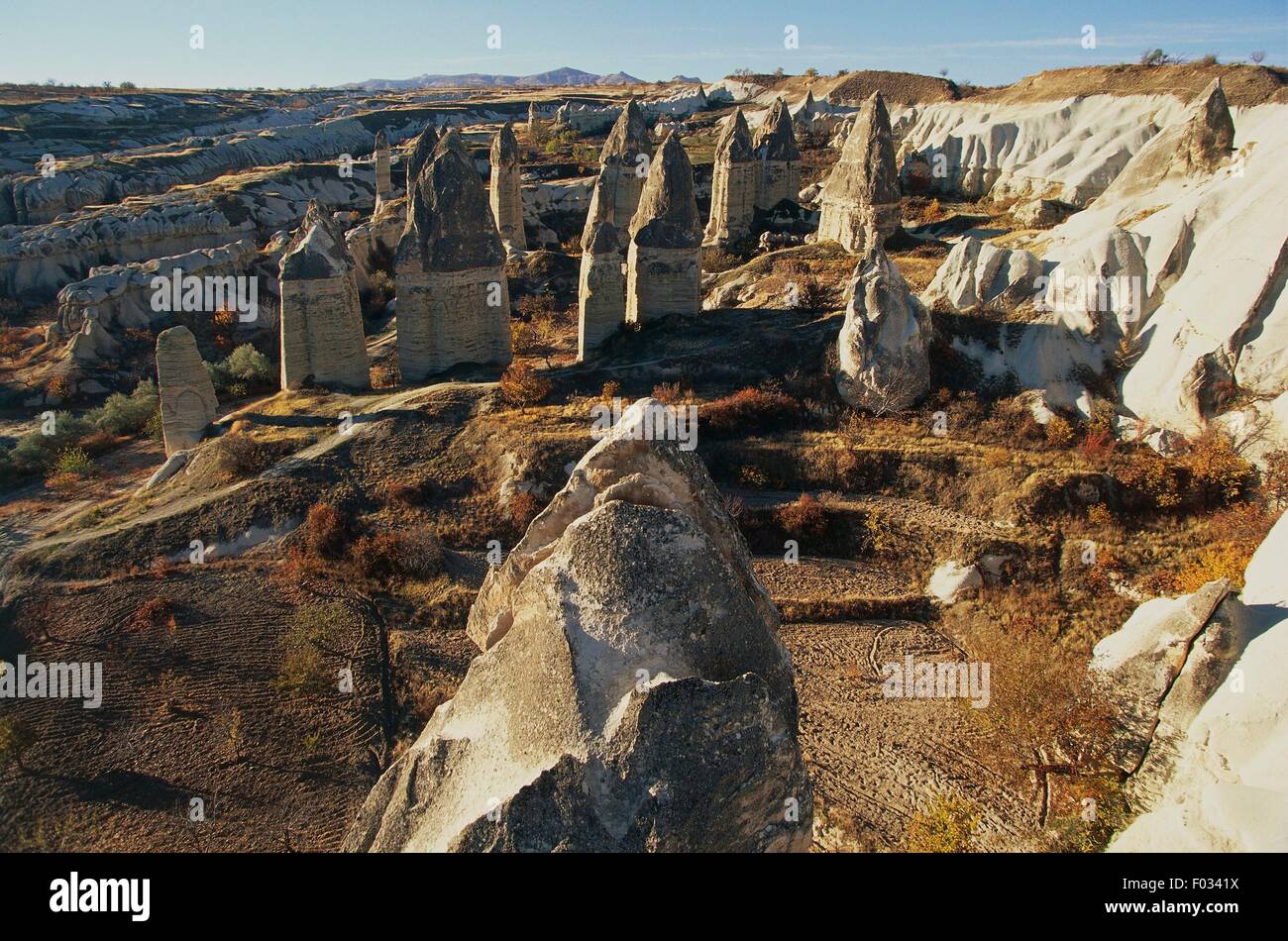Aerial view of rock formations known as "fairy chimneys" in the Goreme ...