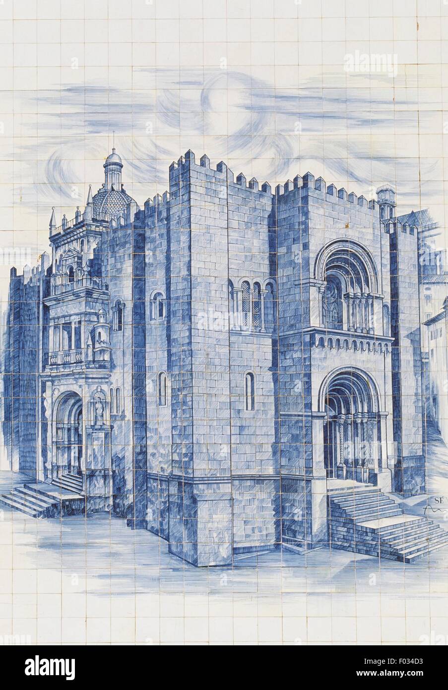 Old Cathedral of Coimbra (Se Velha de Coimbra), 12th century azulejos, Portugal. Stock Photo