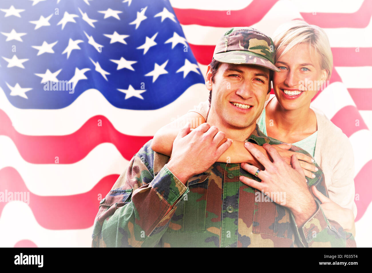 Composite image of army wife reunited with husband Stock Photo