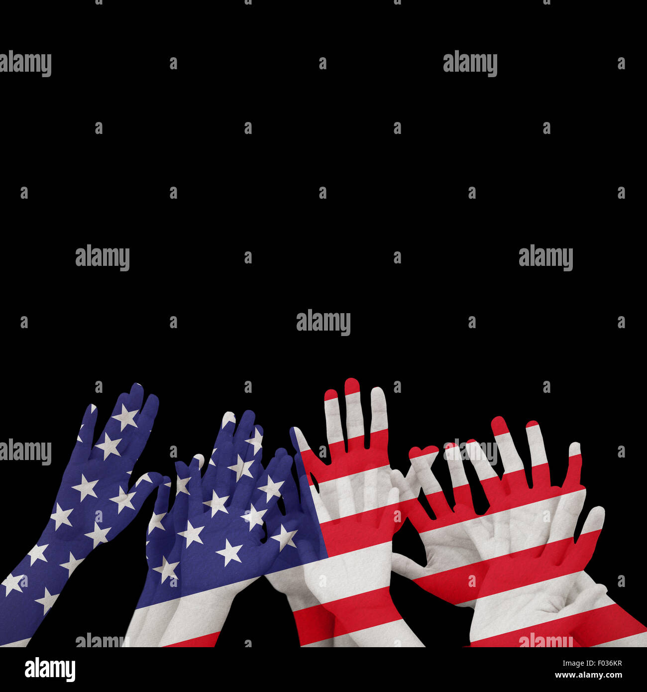 Composite image of people raising hands in the air Stock Photo - Alamy