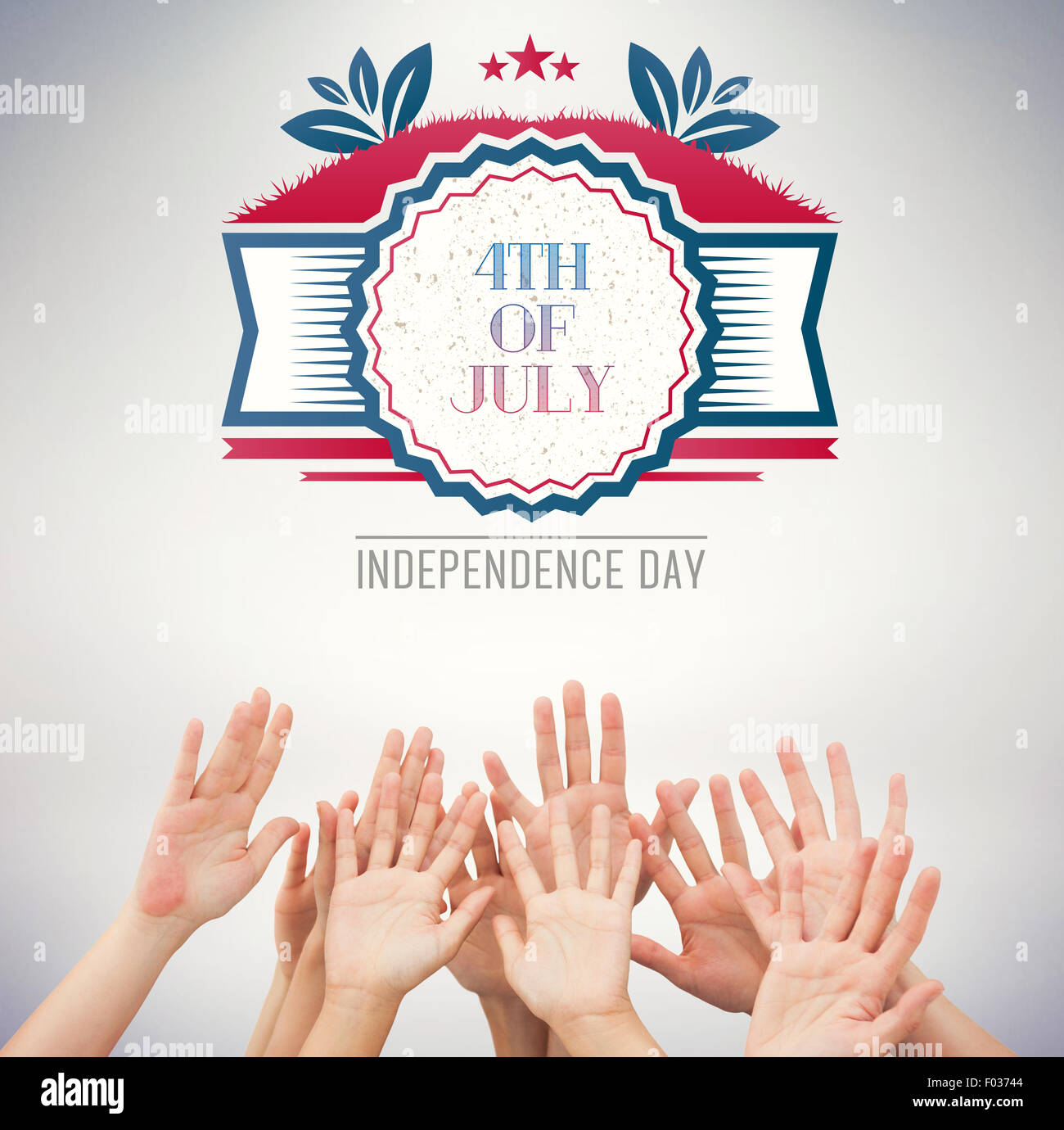 Composite image of people raising hands in the air Stock Photo - Alamy