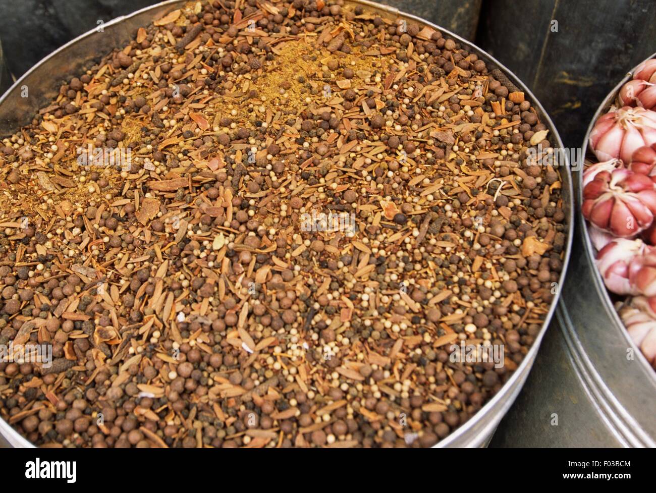 Spices in a shop at a souk, Marrakech, region of Marrakech-Tensift-El Haouz, Morocco. Stock Photo