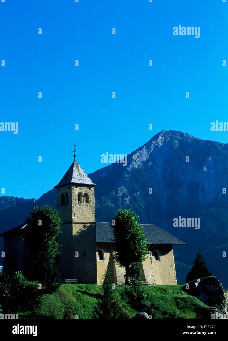 Church at Champagny-En-Vanoise, Vanoise National Park (Parc national de la Vanoise), Savoie, France. Stock Photo