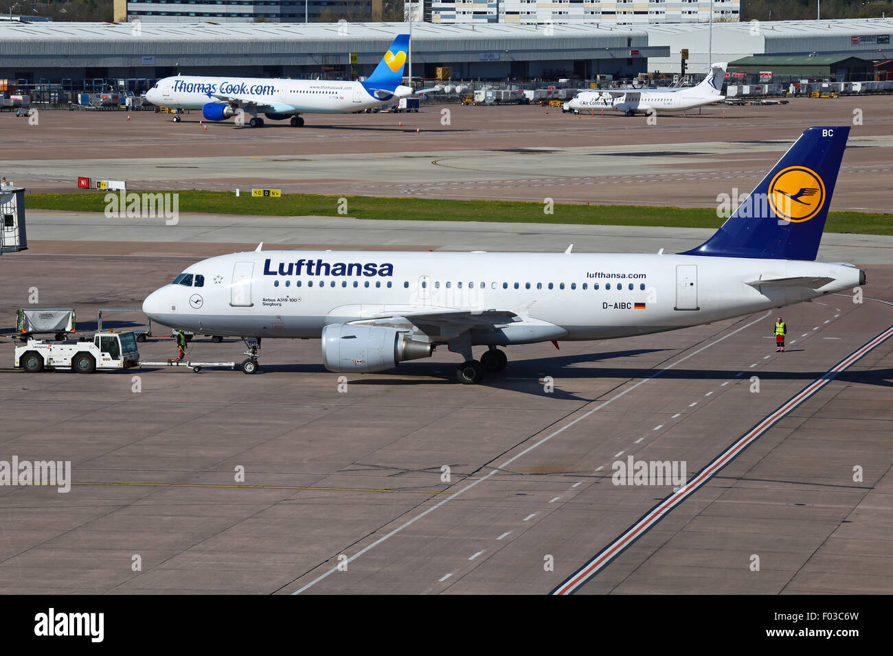 Lufthansa Airbus A319 is pushed back from terminal 1 at Manchester airport Stock Photo Alamy
