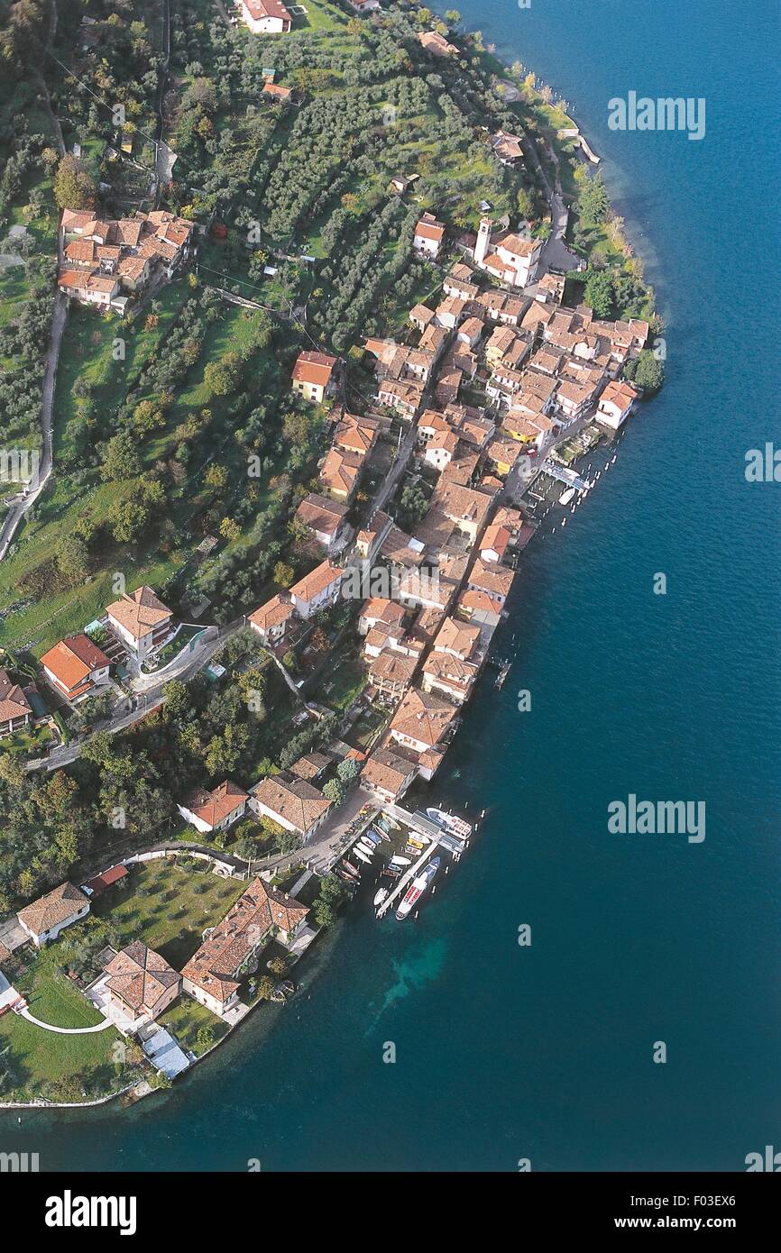 Aerial view of Carzano, Monte Isola, on Lake Iseo or Sebino - Province of Brescia, Lombardy Region, Italy Stock Photo