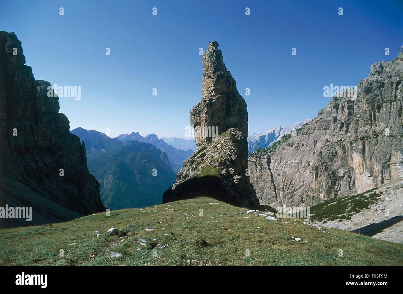 Italy - Friuli-Venezia Giulia Region - Friulan Dolomites Regional Natural Park - The bell tower of the Montanaia Valley seen from Bivacco Perugini. Stock Photo
