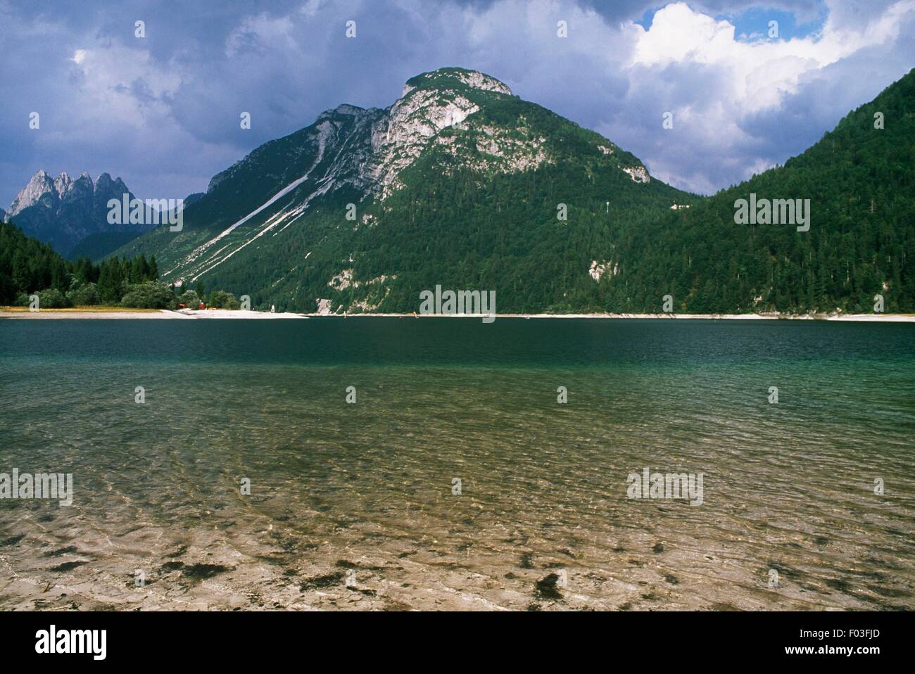Predil (or Raibl) Lake, in Rio del Lago valley, Forest of Tarvisio, Friuli-Venezia Giulia, Italy. Stock Photo