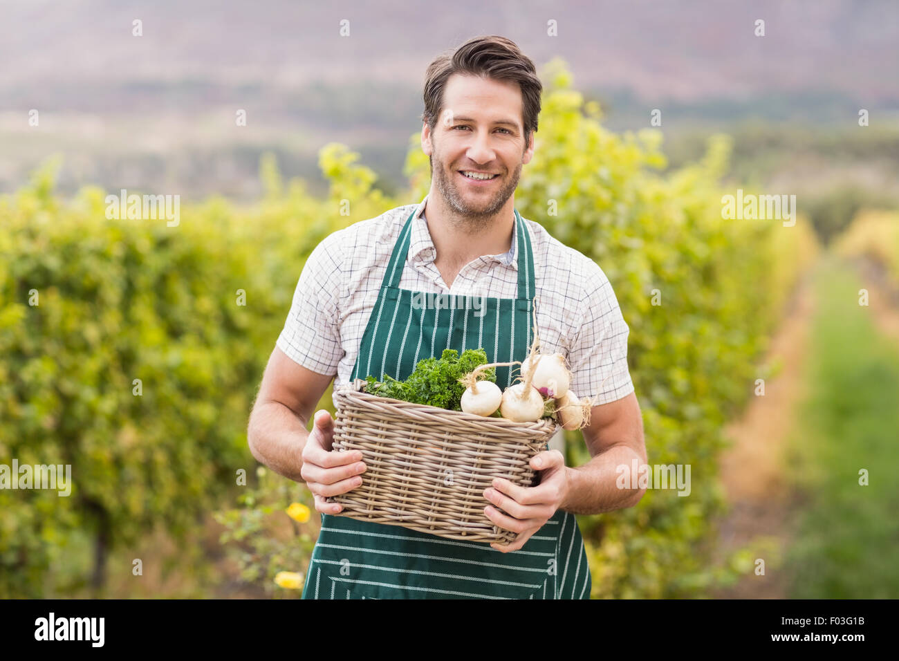 Young happy farmer holding a basket of vegetables Stock Photo - Alamy