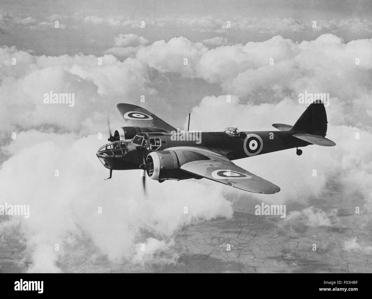 'Bristol' Blenheim Bomber. 'Bristol' Type 142M. Two 'Bristol' 840 h.p. Mercury engines. The first all-metal modern twin-engined monoplane for the R.A.F. to carry the whole of the military load within the structure. Saw service with all the Commands of the R.A.F. and in all theatres of war. Made the first air raid of the war over Keil, in September 1939. Stock Photo