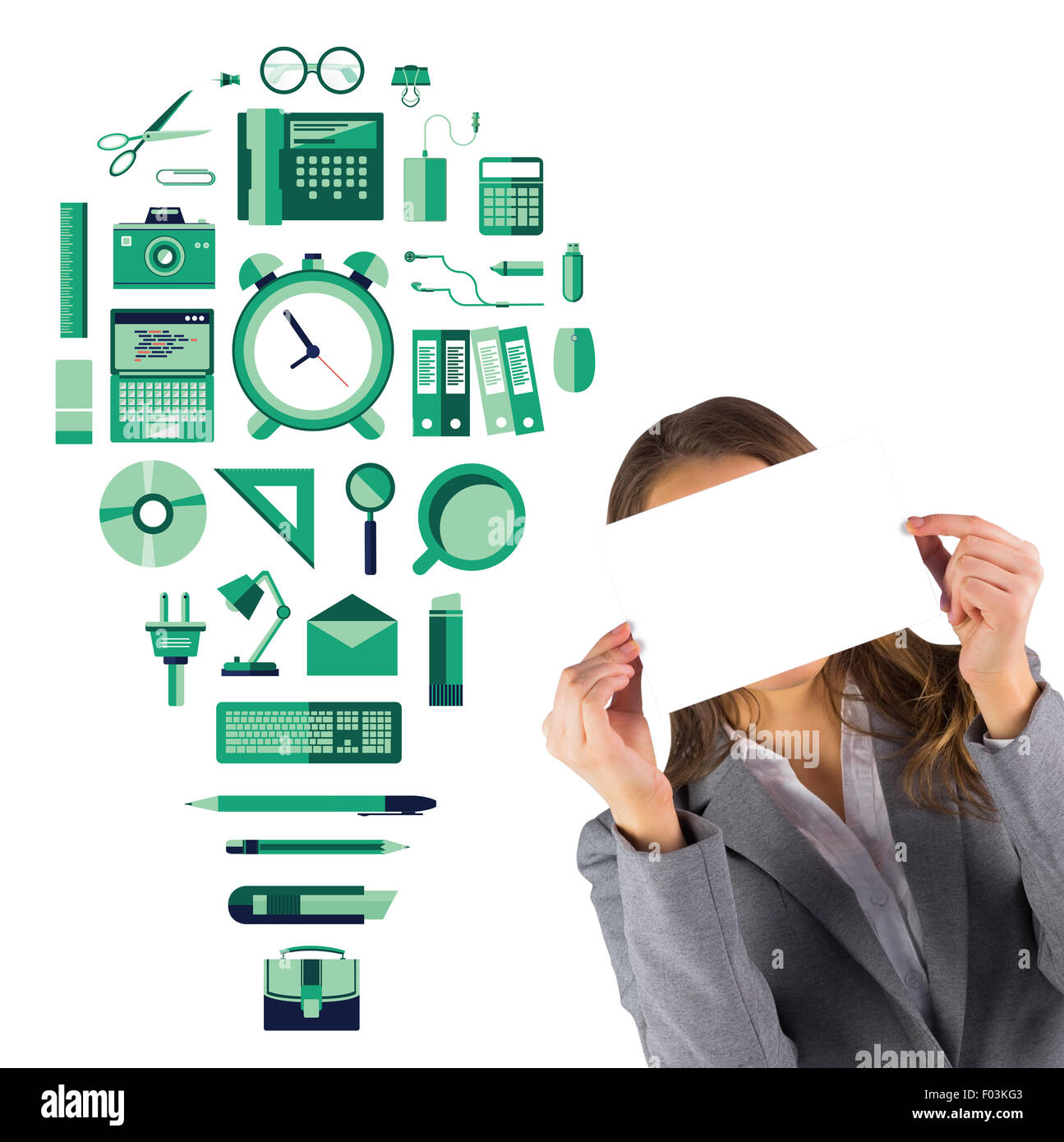 Composite image of businesswoman showing a card Stock Photo