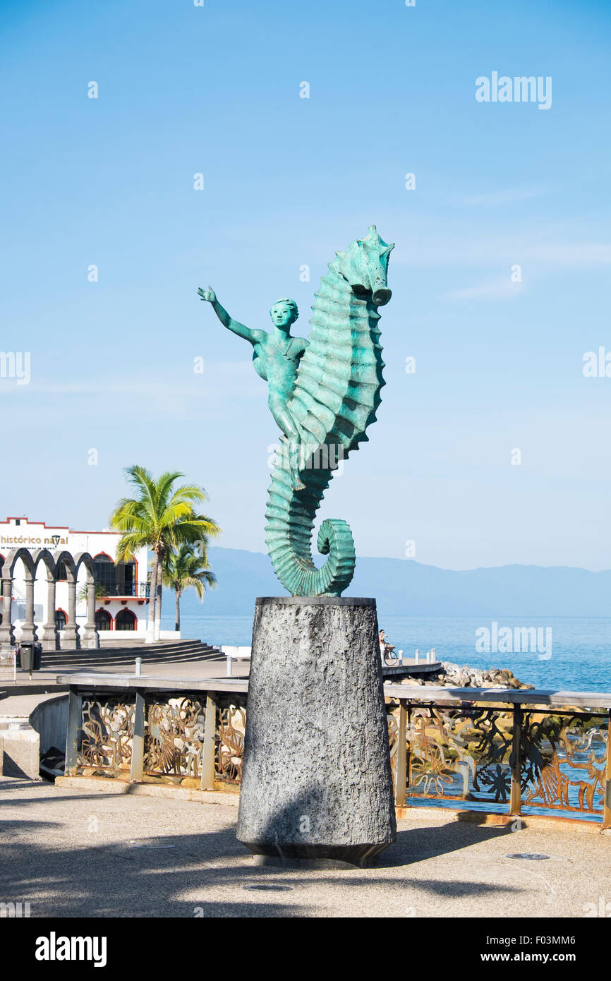 Rider on Seahorse Statue of El Caballito de Mar at the Malecon in downtown Puerto Vallarta, Jalisco, Mexico. Stock Photo