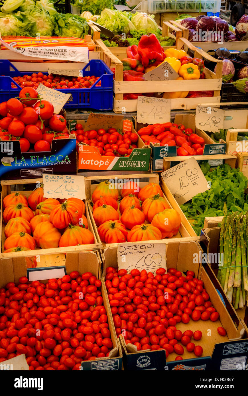 Fresh vegetable stall at Campo de' Fiori outdoor food market in Rome., Italy. Stock Photo