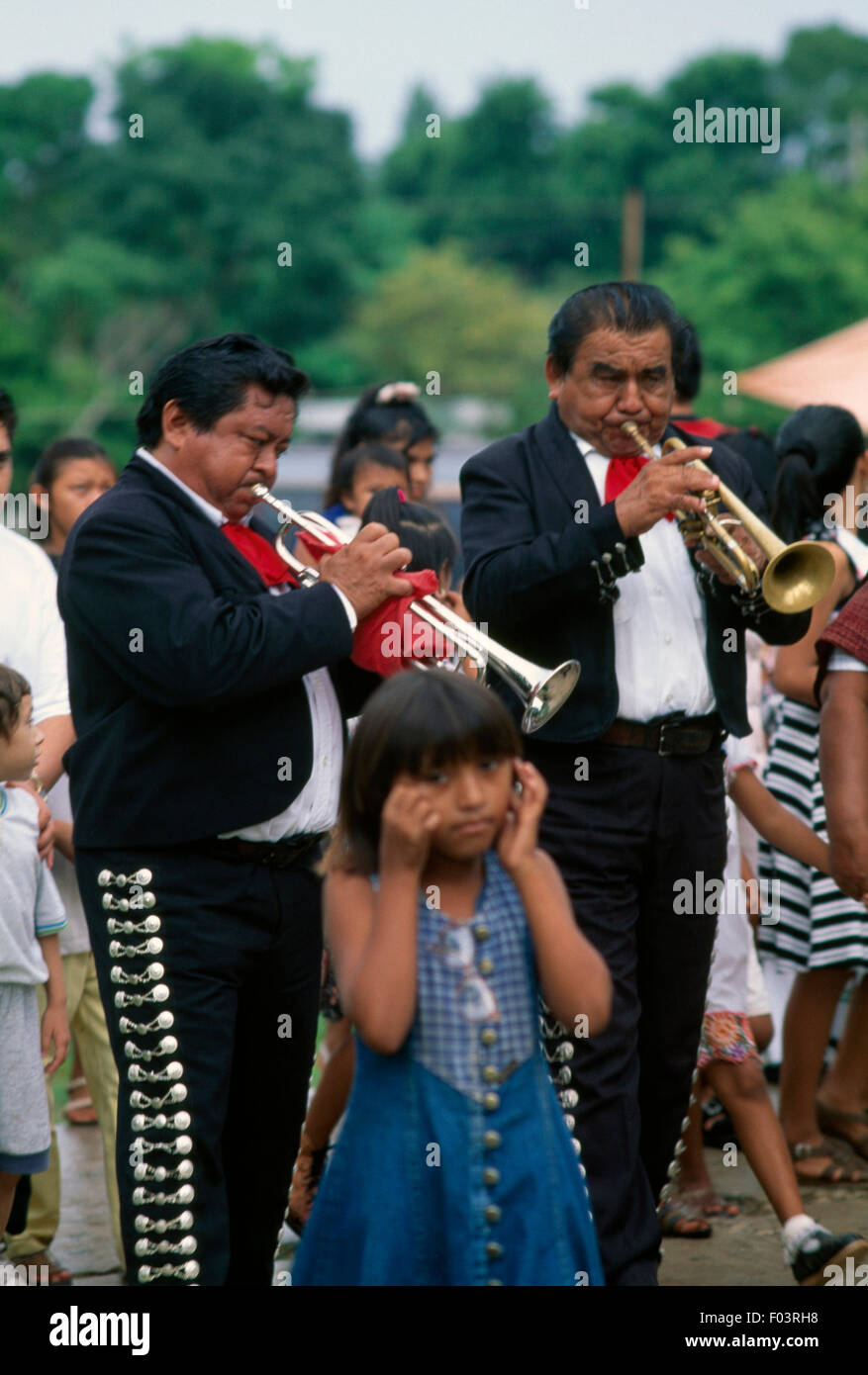 Mariachi (trumpet players) at the Festival of the Birth of the Blessed Virgin Mary, Sotuta, Yucatan, Mexico. Stock Photo