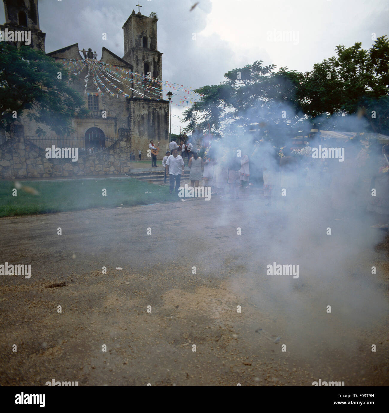 Fireworks for the Festival of the Birth of the Blessed Virgin Mary, Sotuta, Yucatan, Mexico. Stock Photo