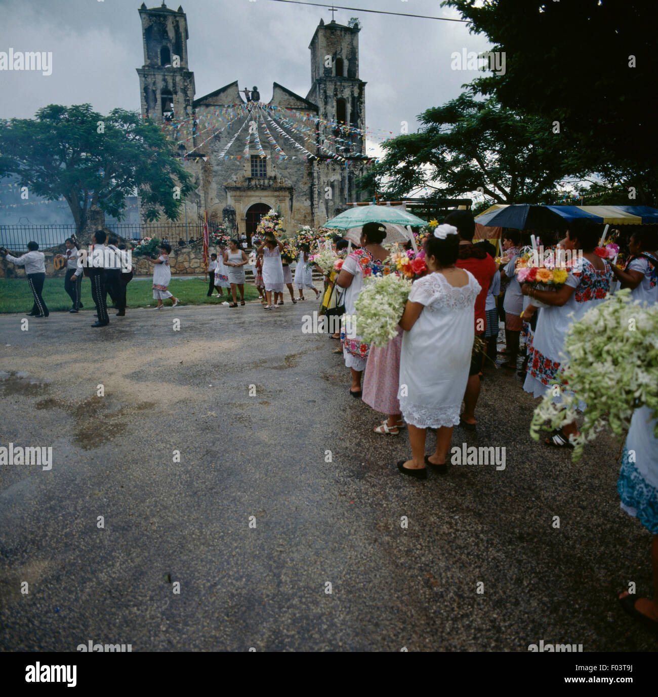 Procession for the Festival of the Birth of the Blessed Virgin Mary, Sotuta, Yucatan, Mexico. Stock Photo