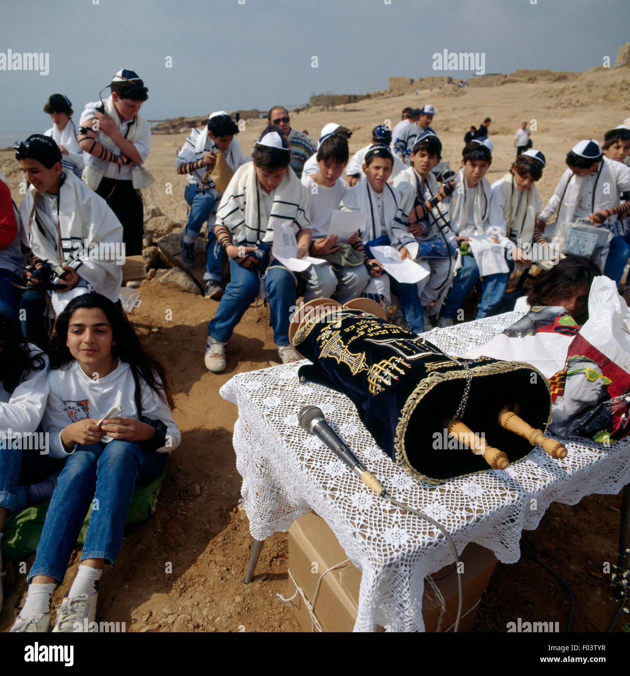 Boys celebrating a collective Bar Mitzvah at Masada, Israel Stock Photo