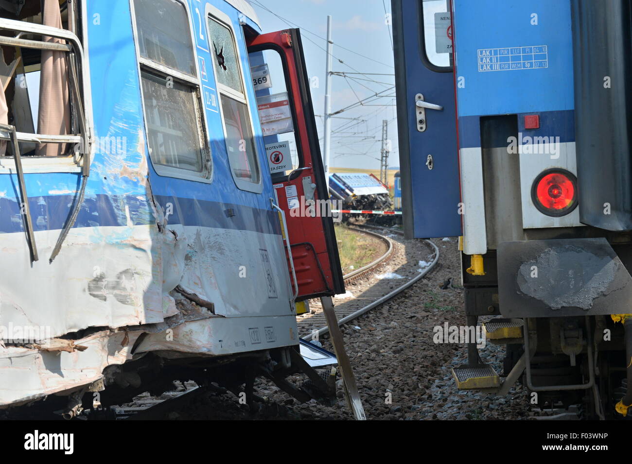 Two express trains collided in the Horazdovice, west Bohemia, railway station, due to which about 30 people were injured, Czech Republic, August 4, 2015. Local train traffic was interrupted and seven ambulances and three helicopters were sent to the scene of the accident. (CTK Photo/Pavel Nemecek) Stock Photo