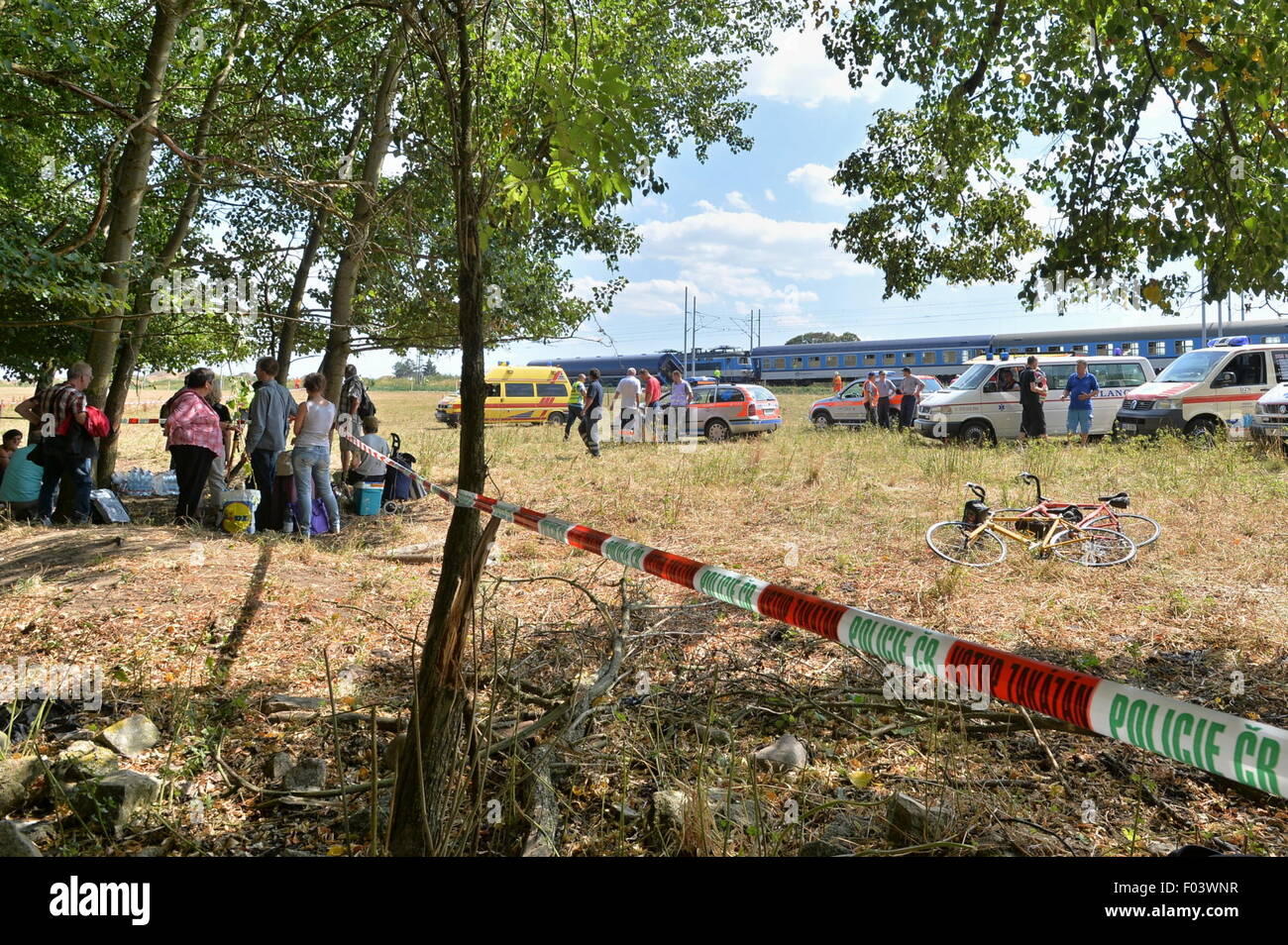 Two express trains collided in the Horazdovice, west Bohemia, railway station, due to which about 30 people were injured, Czech Republic, August 4, 2015. Local train traffic was interrupted and seven ambulances and three helicopters were sent to the scene of the accident. (CTK Photo/Pavel Nemecek) Stock Photo