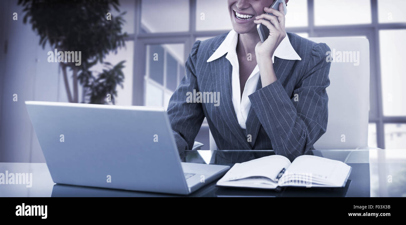 Businesswoman on call and using her laptop Stock Photo