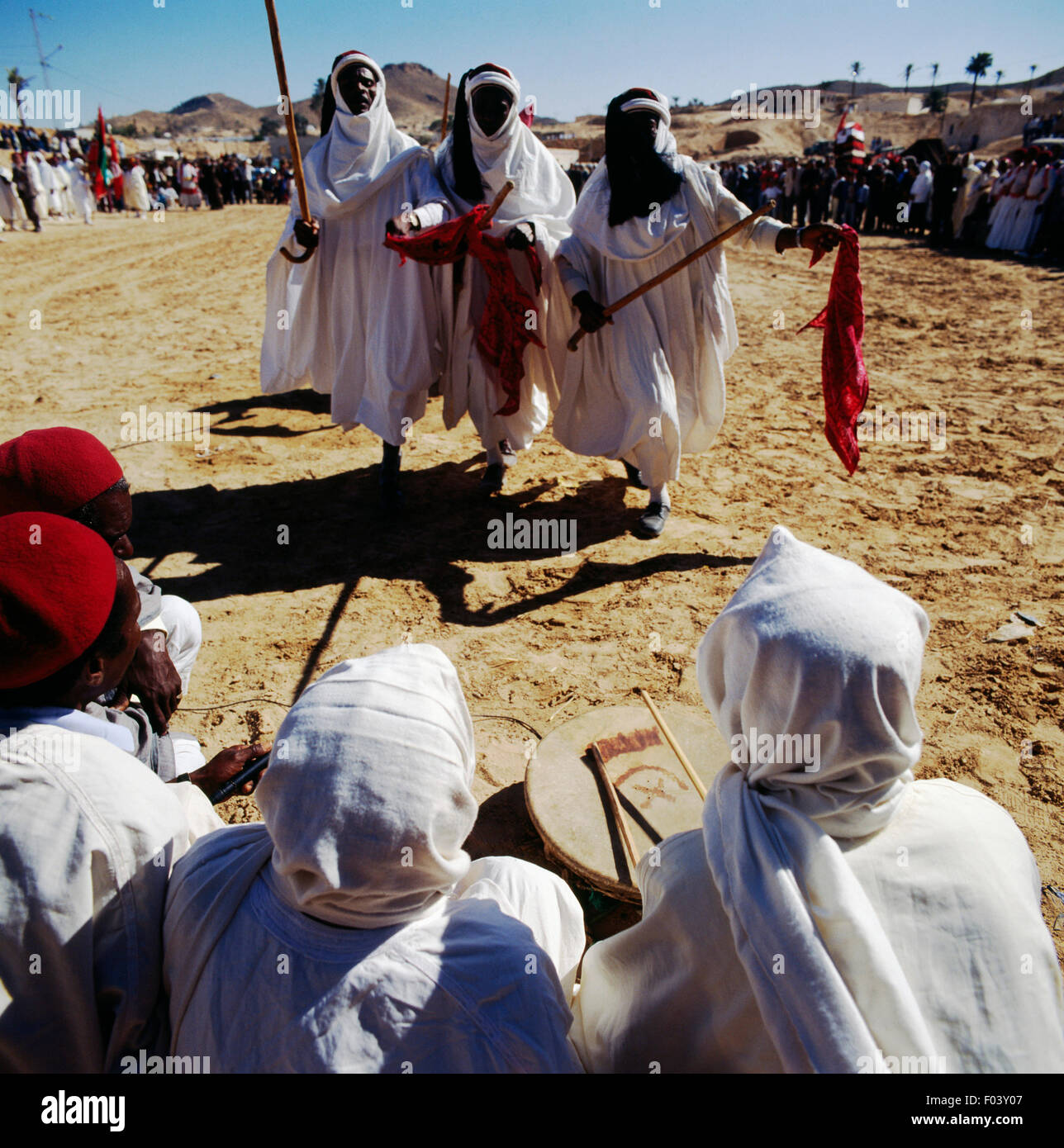 Group of men in traditional clothes during a Berber festival, Matmata, Tunisia. Stock Photo