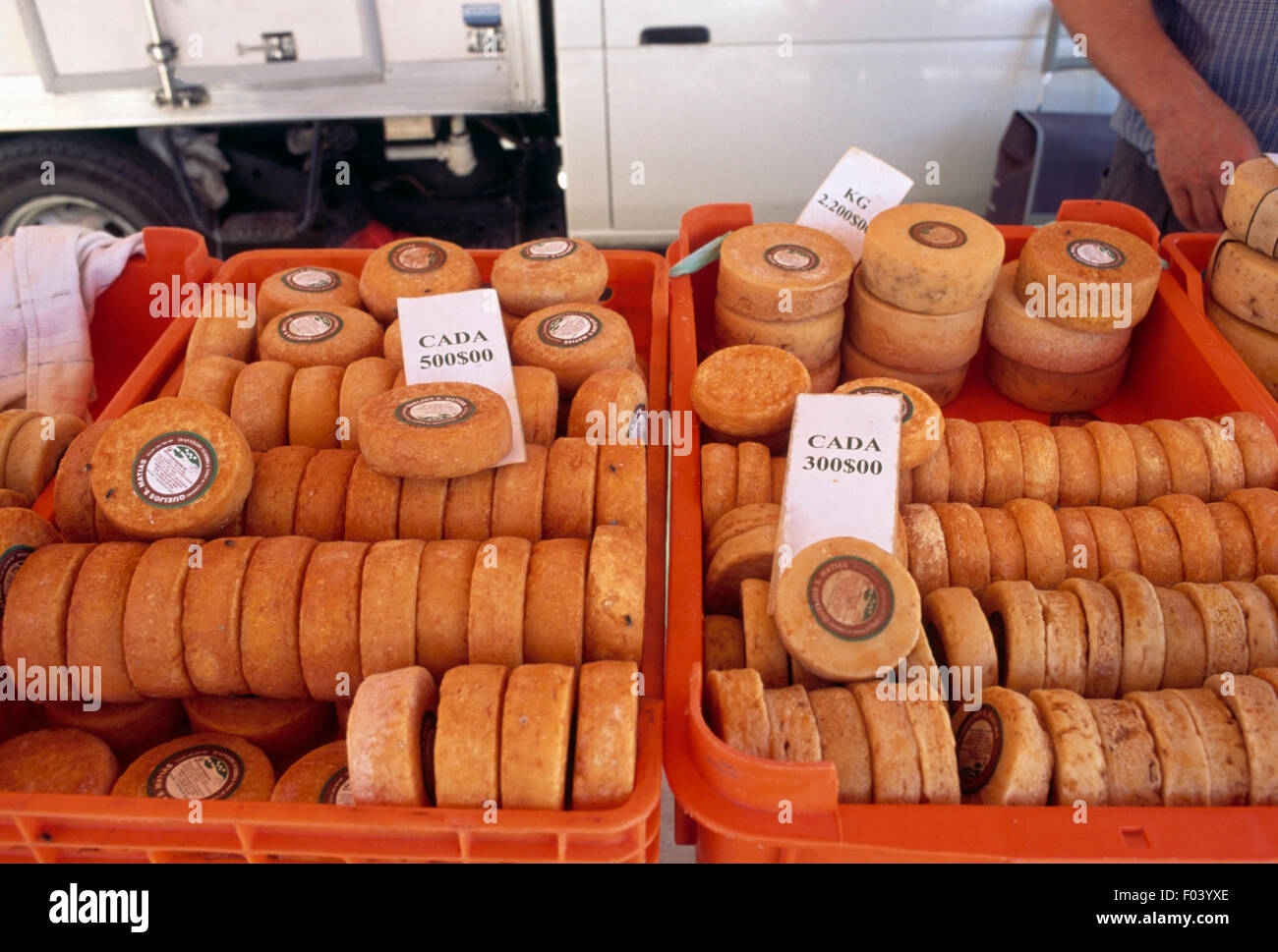Cheese for sale at the market in the shadow of the Amoreira aqueduct
