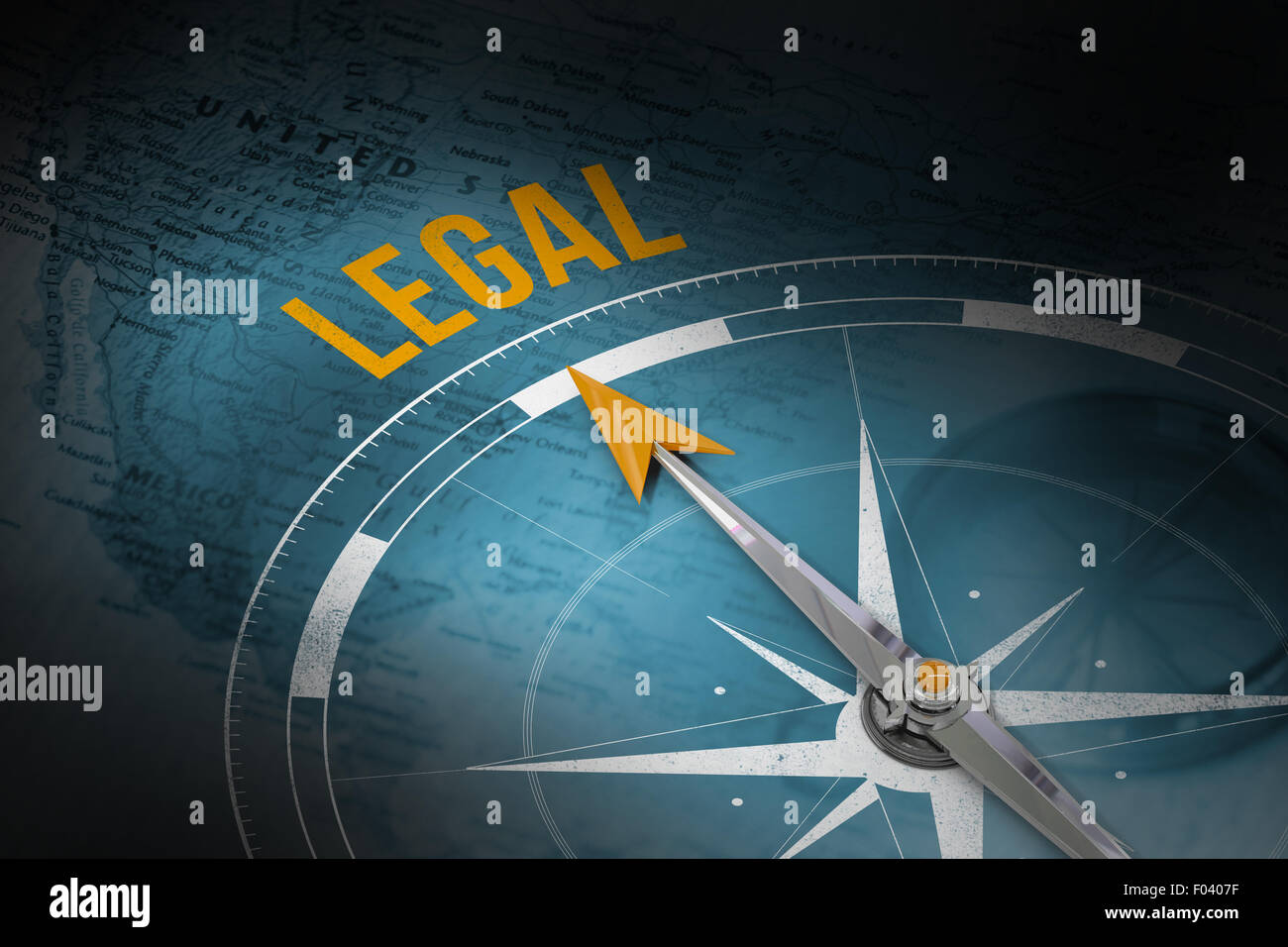 Legal against world map with compass showing north america Stock Photo