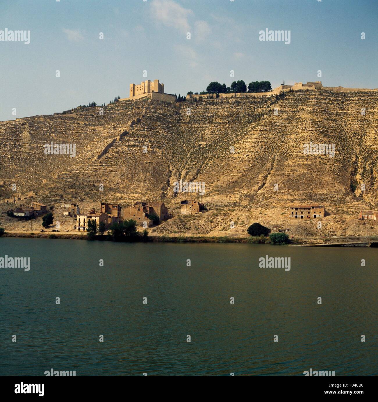 Mequinenza castle perched above the Ebro river, Mequinenza, Aragon, Spain. Stock Photo